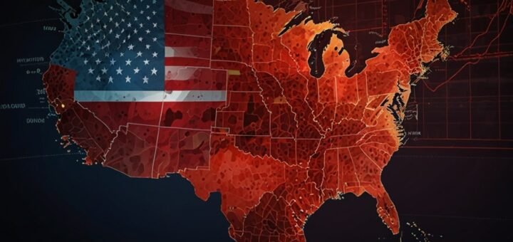 A digital world map highlighting China and the US with red tariff barriers and economic charts, symbolizing global trade tensions.
