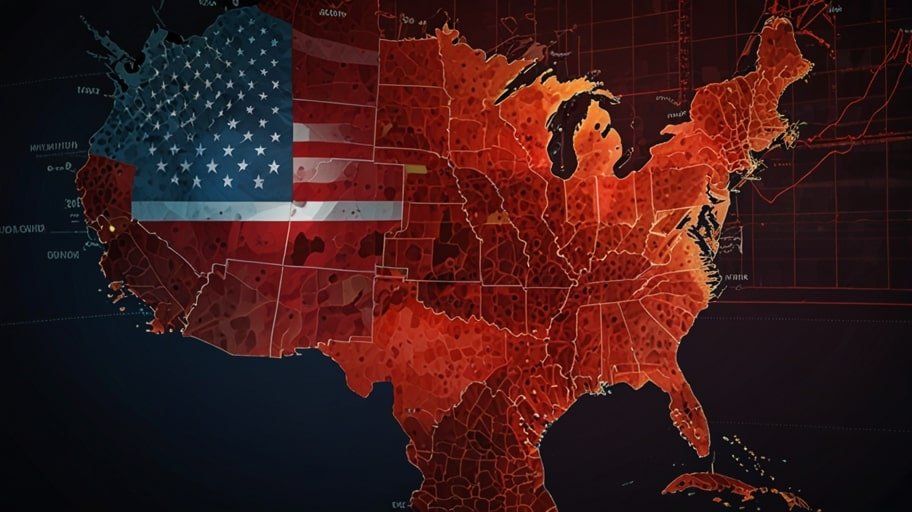 A digital world map highlighting China and the US with red tariff barriers and economic charts, symbolizing global trade tensions.