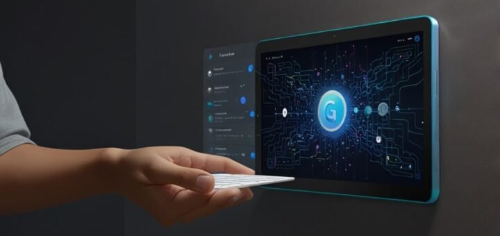 A futuristic digital interface displaying an AI-managed email inbox with prioritized messages and automated responses, glowing blue holographic design.