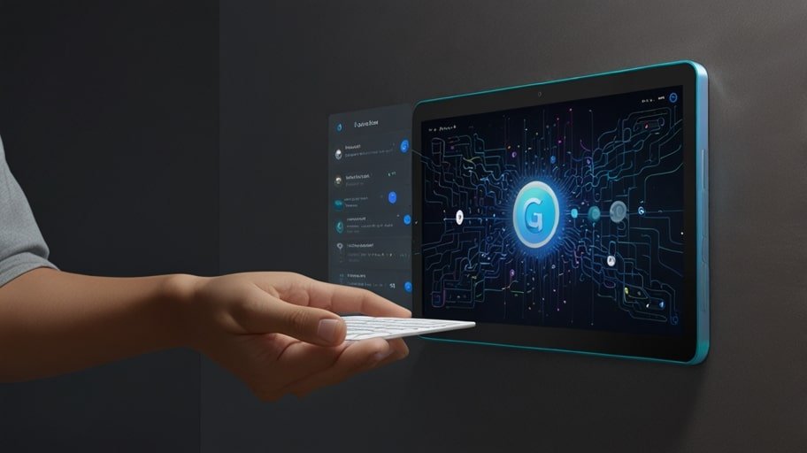 A futuristic digital interface displaying an AI-managed email inbox with prioritized messages and automated responses, glowing blue holographic design.