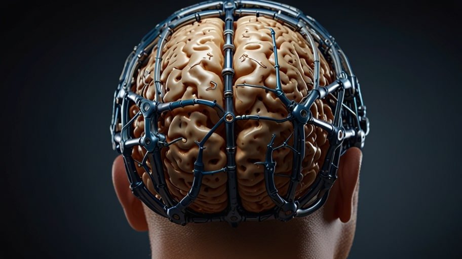 Close-up of Paradromics Connexus brain implant with 420 microelectrodes on a dime-sized chip, designed for neural signal recording.