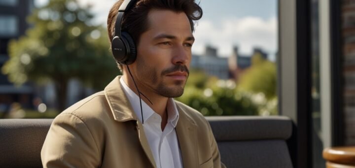 A pair of black Sony WH-1000XM4 headphones with plush ear cushions, displayed against a sleek gray background, highlighting their foldable design and noise-canceling technology.