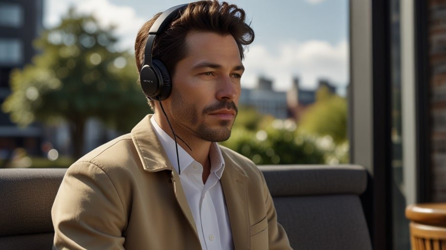 A pair of black Sony WH-1000XM4 headphones with plush ear cushions, displayed against a sleek gray background, highlighting their foldable design and noise-canceling technology.