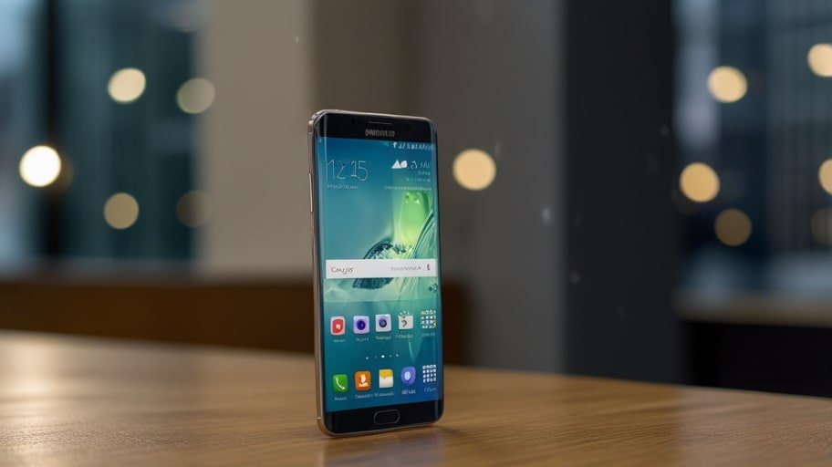 A sleek Samsung Galaxy S25 Edge in midnight black, displaying its vibrant 6.7-inch AMOLED screen with a slim 5.8mm profile on a gradient background.