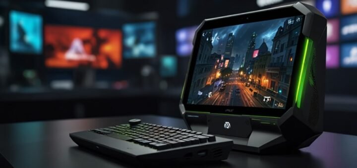A sleek Xbox Ally X handheld gaming device displayed against a vibrant digital backdrop, showcasing its ergonomic design and vivid screen.
