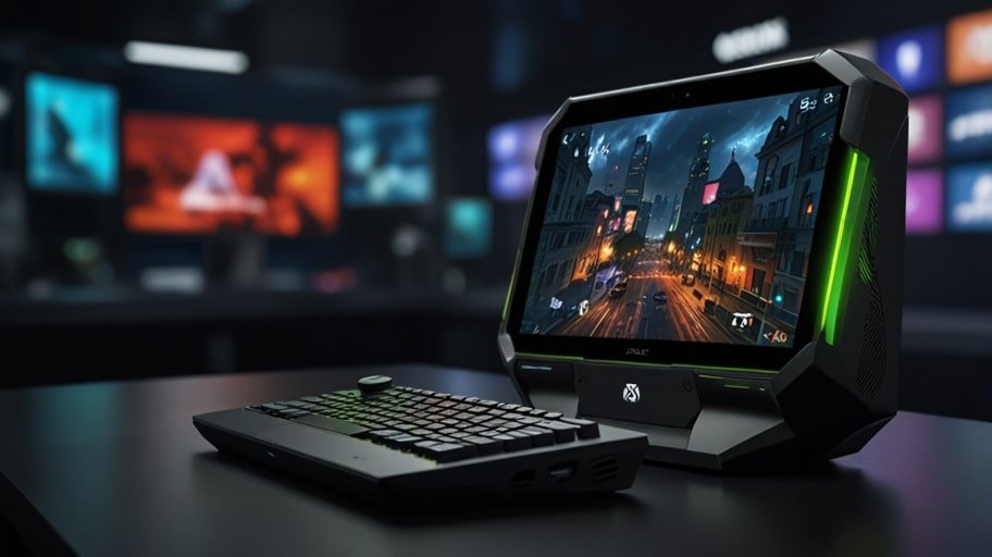 A sleek Xbox Ally X handheld gaming device displayed against a vibrant digital backdrop, showcasing its ergonomic design and vivid screen.