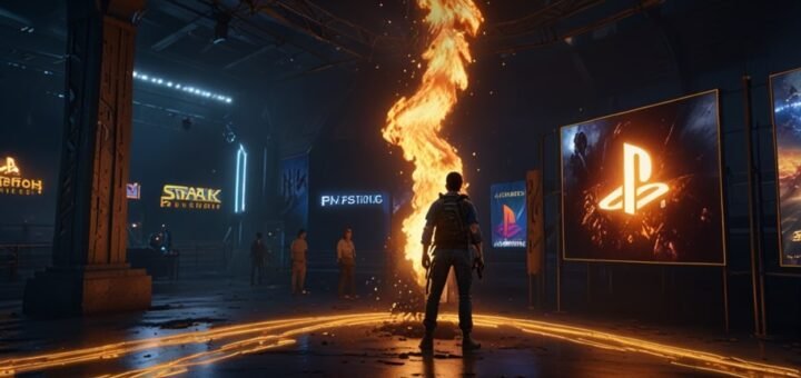 A vibrant digital display showcasing FBC: Firebreak and other PlayStation Plus June 2025 titles on a sleek stage setup.