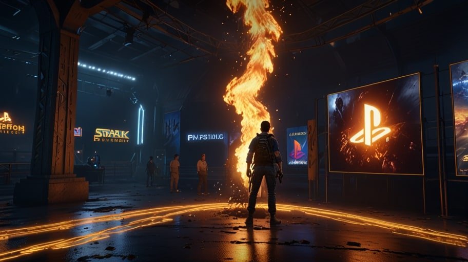 A vibrant digital display showcasing FBC: Firebreak and other PlayStation Plus June 2025 titles on a sleek stage setup.