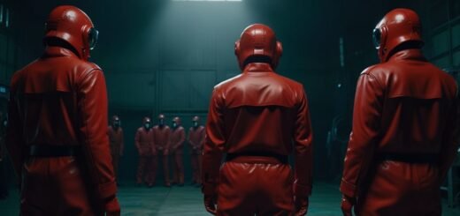 A tense moment from Squid Game Season 3, featuring masked guards in red jumpsuits overseeing contestants in a dimly lit, eerie game arena.