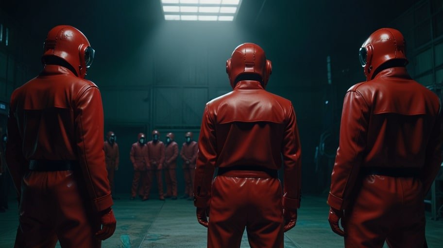 A tense moment from Squid Game Season 3, featuring masked guards in red jumpsuits overseeing contestants in a dimly lit, eerie game arena.