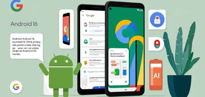 A smartphone screen displaying Android 16’s Partial Screen Sharing feature, highlighting privacy controls and a sleek interface, launched on June 10, 2025.