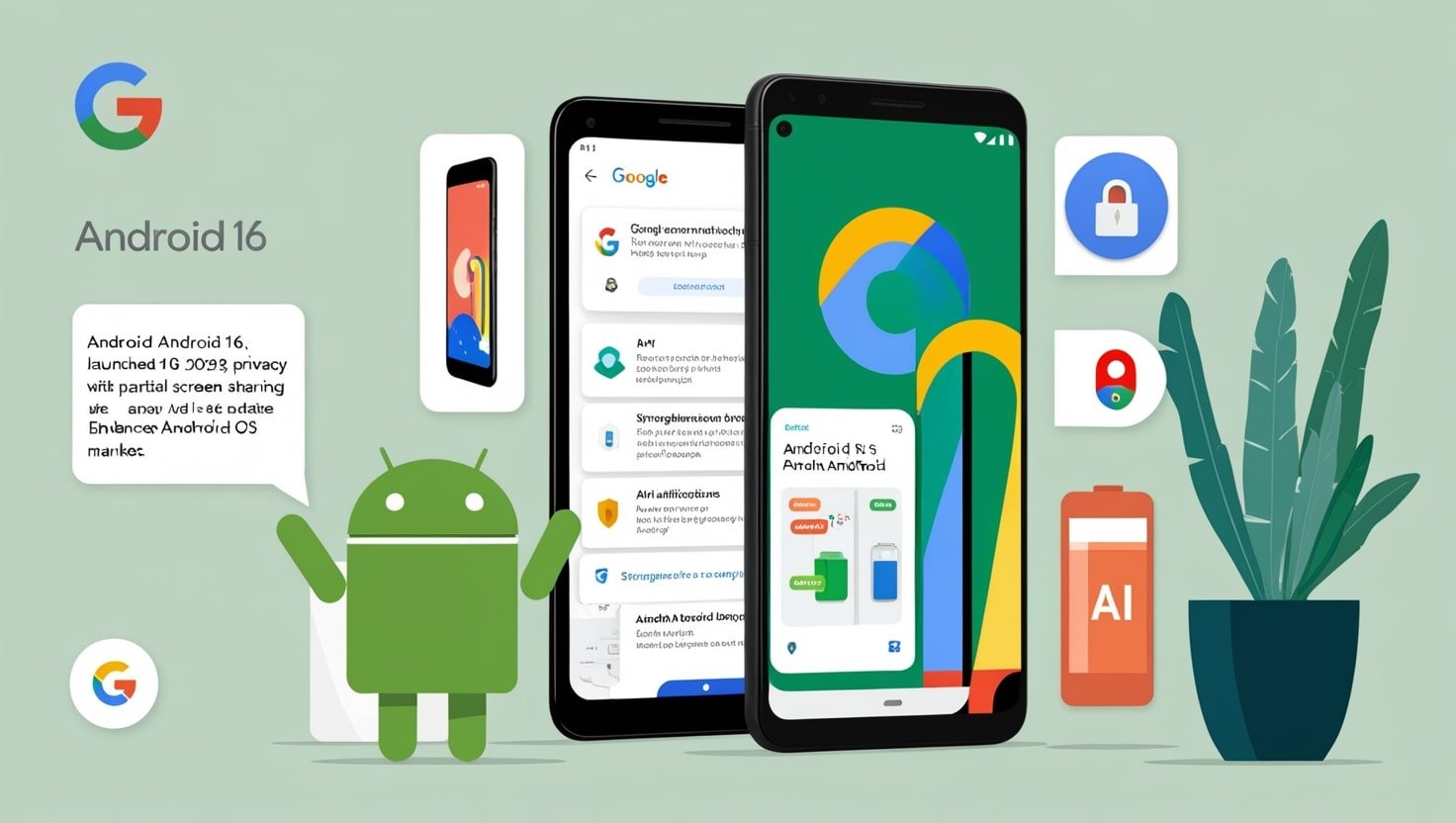 A smartphone screen displaying Android 16’s Partial Screen Sharing feature, highlighting privacy controls and a sleek interface, launched on June 10, 2025.