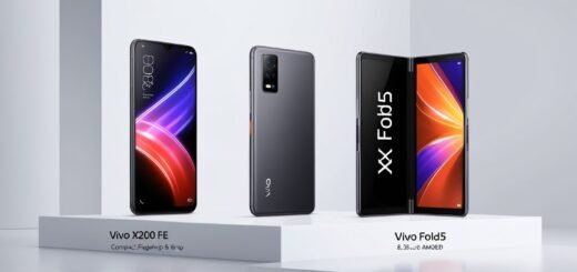 A sleek Vivo X200 FE in Gray and an unfolded Vivo X Fold5 in Black, displayed side by side against a minimalist white background, highlighting their premium designs and vibrant screens.