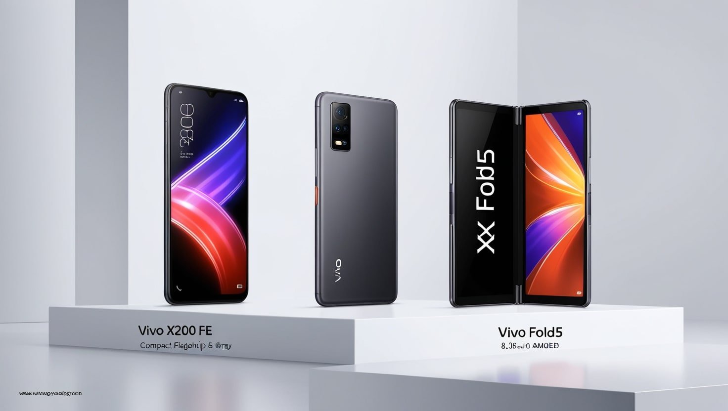 A sleek Vivo X200 FE in Gray and an unfolded Vivo X Fold5 in Black, displayed side by side against a minimalist white background, highlighting their premium designs and vibrant screens.