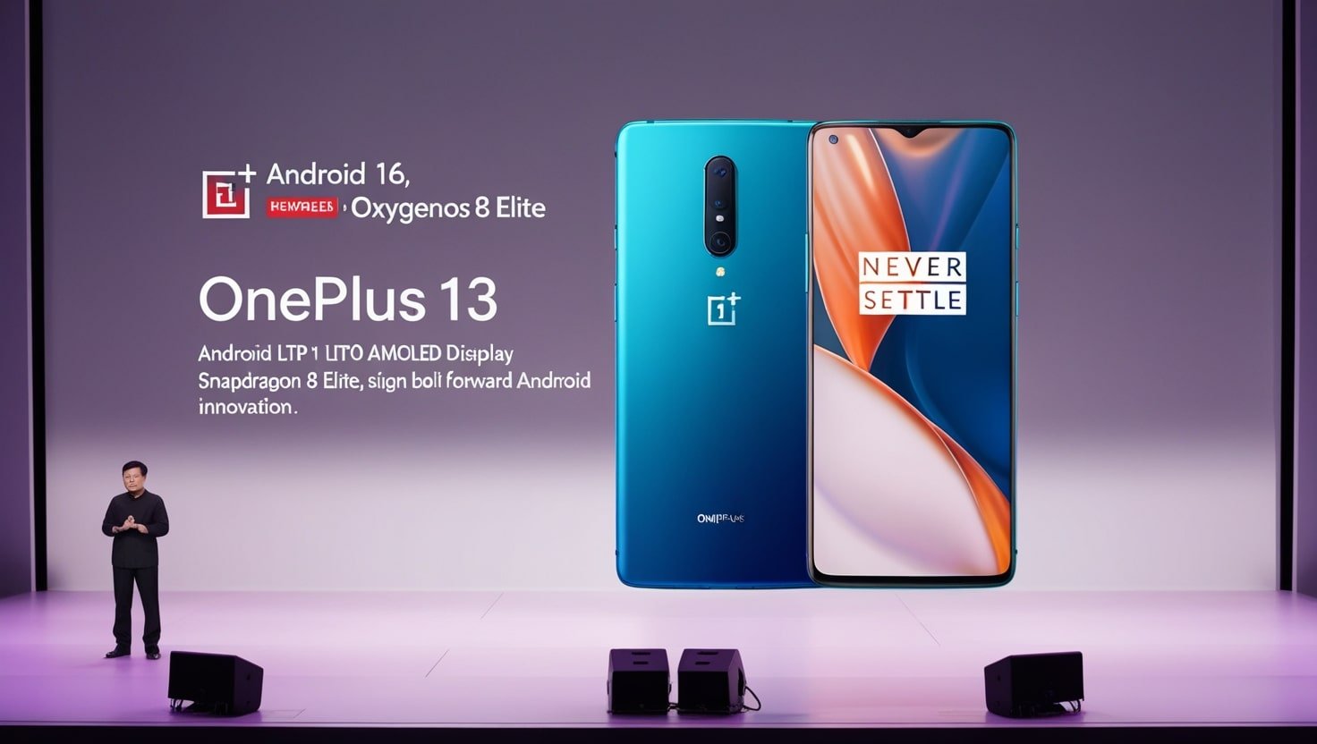 A sleek OnePlus 13 with a vibrant LTPO AMOLED display showcased on a modern Beijing stage, glowing with futuristic lighting.