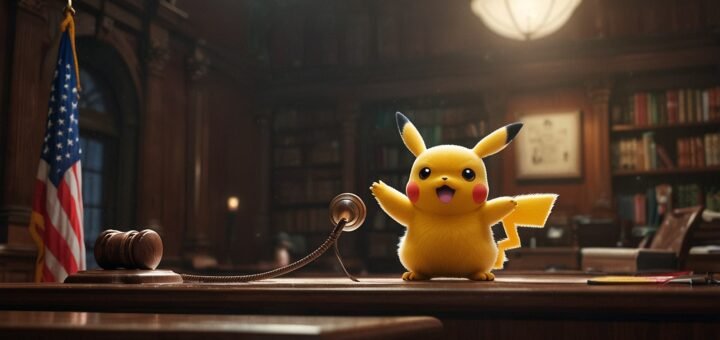 A digital illustration of a courtroom scene with Nintendo and Pocketpair logos facing off, surrounded by stylized Pokémon and Palworld creatures.
