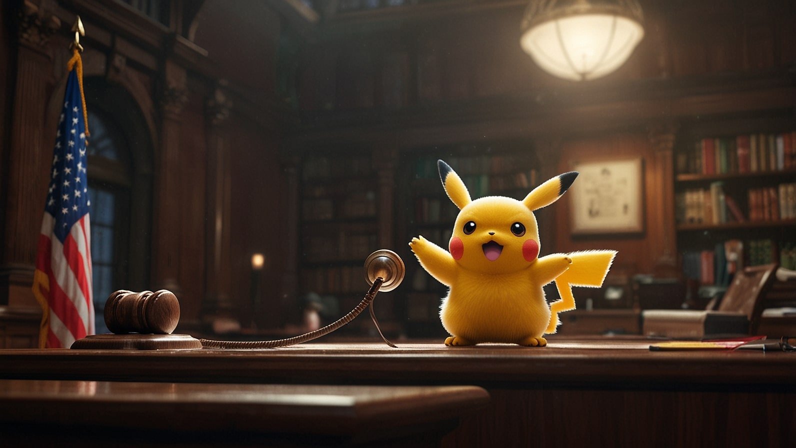 A digital illustration of a courtroom scene with Nintendo and Pocketpair logos facing off, surrounded by stylized Pokémon and Palworld creatures.
