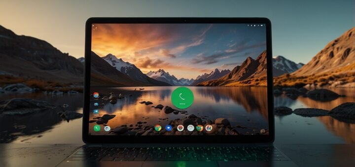 A sleek screenshot of Android 16’s Desktop Mode on a Pixel 11 connected to a 4K monitor, featuring a customizable taskbar with Google Docs and Google Chrome open in resizable windows, showcasing Material 3 Expressive design in vibrant colors.