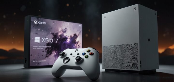 A sleek Xbox Series Z console in Glacier White displayed on a vibrant Gamescom 2025 stage, accompanied by a large screen showing Starfield 2 gameplay with stunning 4K visuals, highlighting the console’s hybrid cloud gaming capabilities.