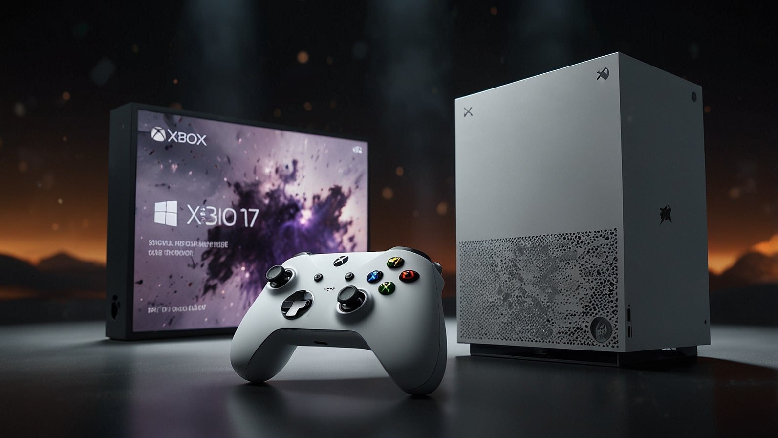 A sleek Xbox Series Z console in Glacier White displayed on a vibrant Gamescom 2025 stage, accompanied by a large screen showing Starfield 2 gameplay with stunning 4K visuals, highlighting the console’s hybrid cloud gaming capabilities.