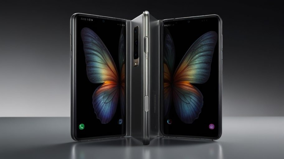 Sleek promotional image of the Samsung Galaxy Z Fold 7, showcasing its unfolded 7.6-inch AMOLED display with vibrant colors, set against a futuristic black background.
