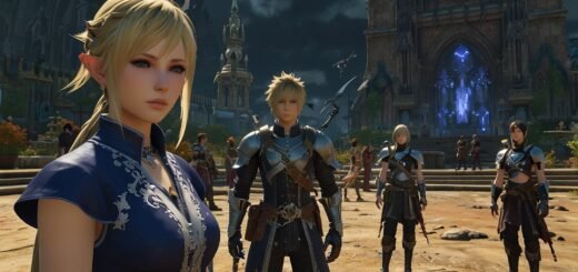 A vibrant scene from Final Fantasy 14 showing players in Eorzea, with a text overlay reading "Mod Controversy 2025" highlighting the ongoing debate over the Mare Synchronos mod removal.