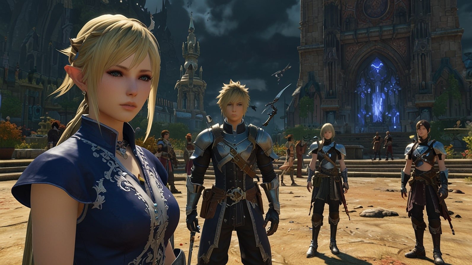 A vibrant scene from Final Fantasy 14 showing players in Eorzea, with a text overlay reading "Mod Controversy 2025" highlighting the ongoing debate over the Mare Synchronos mod removal.