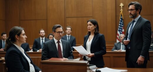 A courtroom illustration depicting a lawyer presenting evidence in the OpenAI lawsuit, with a judge and concerned parents in the background.