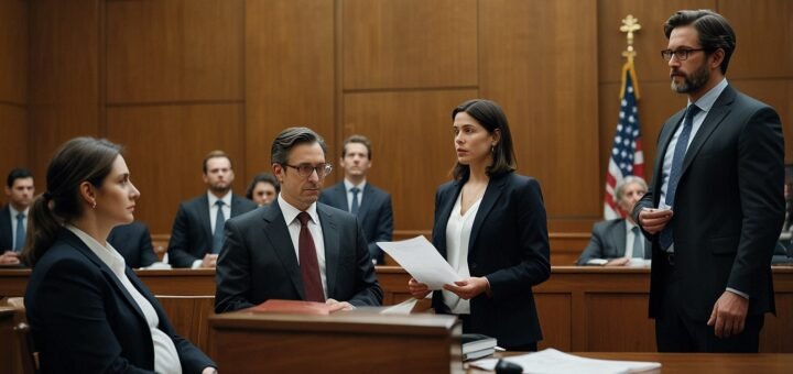 A courtroom illustration depicting a lawyer presenting evidence in the OpenAI lawsuit, with a judge and concerned parents in the background.