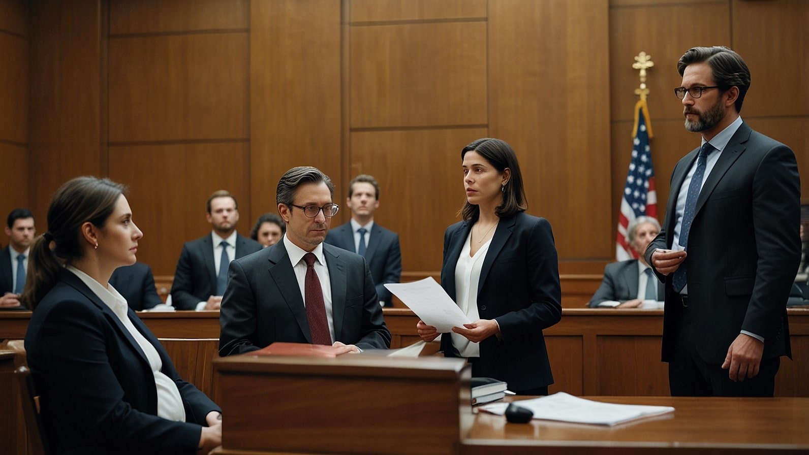 A courtroom illustration depicting a lawyer presenting evidence in the OpenAI lawsuit, with a judge and concerned parents in the background.