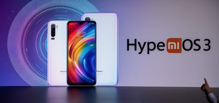 A sleek promotional graphic for Xiaomi’s HyperOS 3, showcasing a futuristic interface with vibrant colors and a Xiaomi smartphone displaying the new OS, set against a backdrop of digital patterns and the HyperOS logo.