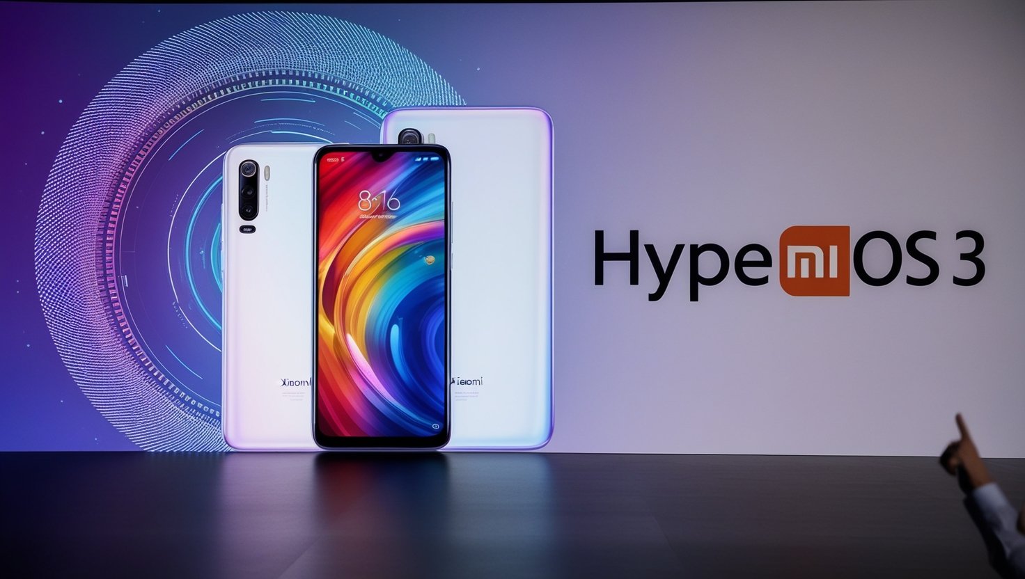 A sleek promotional graphic for Xiaomi’s HyperOS 3, showcasing a futuristic interface with vibrant colors and a Xiaomi smartphone displaying the new OS, set against a backdrop of digital patterns and the HyperOS logo.