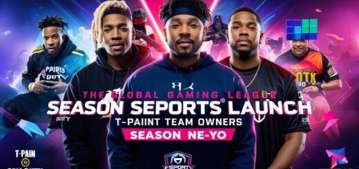 A vibrant digital poster for the Global Gaming League's Season Zero launch, featuring celebrity team owners T-Pain and Ne-Yo, with dynamic visuals of esports action and game logos like Call of Duty and Tetris in the background.