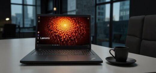 A sleek Lenovo ThinkPad P16 Gen 3 mobile workstation displayed on a modern desk, showcasing its high-resolution OLED screen and advanced AI capabilities at Lenovo Innovation World 2025.