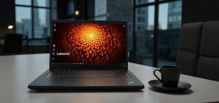 A sleek Lenovo ThinkPad P16 Gen 3 mobile workstation displayed on a modern desk, showcasing its high-resolution OLED screen and advanced AI capabilities at Lenovo Innovation World 2025.