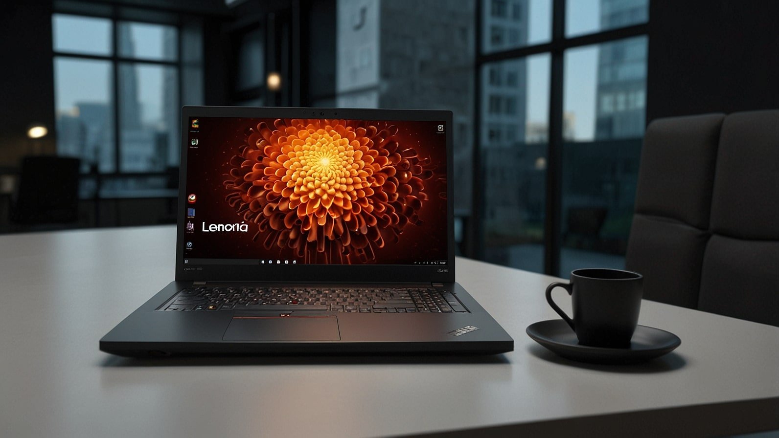A sleek Lenovo ThinkPad P16 Gen 3 mobile workstation displayed on a modern desk, showcasing its high-resolution OLED screen and advanced AI capabilities at Lenovo Innovation World 2025.