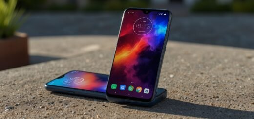 The Motorola Edge 60 Neo smartphone in Cosmic Blue, showcased on a sleek stand with its vibrant 6.67-inch pOLED display, highlighting its premium design and advanced features at IFA 2025.