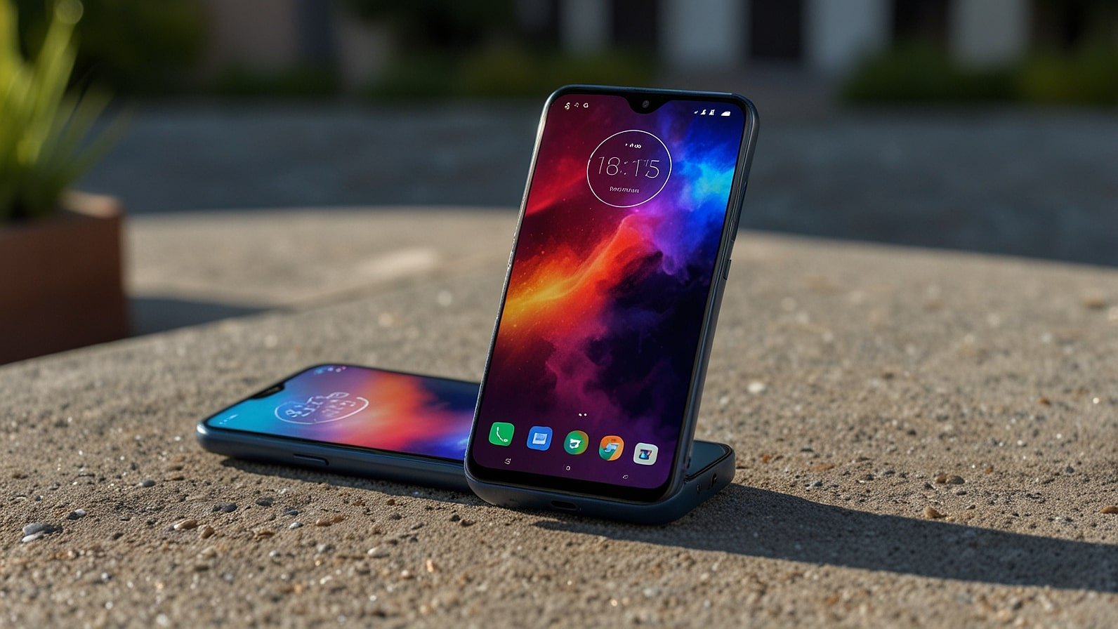 The Motorola Edge 60 Neo smartphone in Cosmic Blue, showcased on a sleek stand with its vibrant 6.67-inch pOLED display, highlighting its premium design and advanced features at IFA 2025.