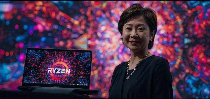AMD CEO Lisa Su showcases the Ryzen AI 400 chip on a sleek laptop displaying vibrant AI-generated art at Computex 2025's virtual keynote.