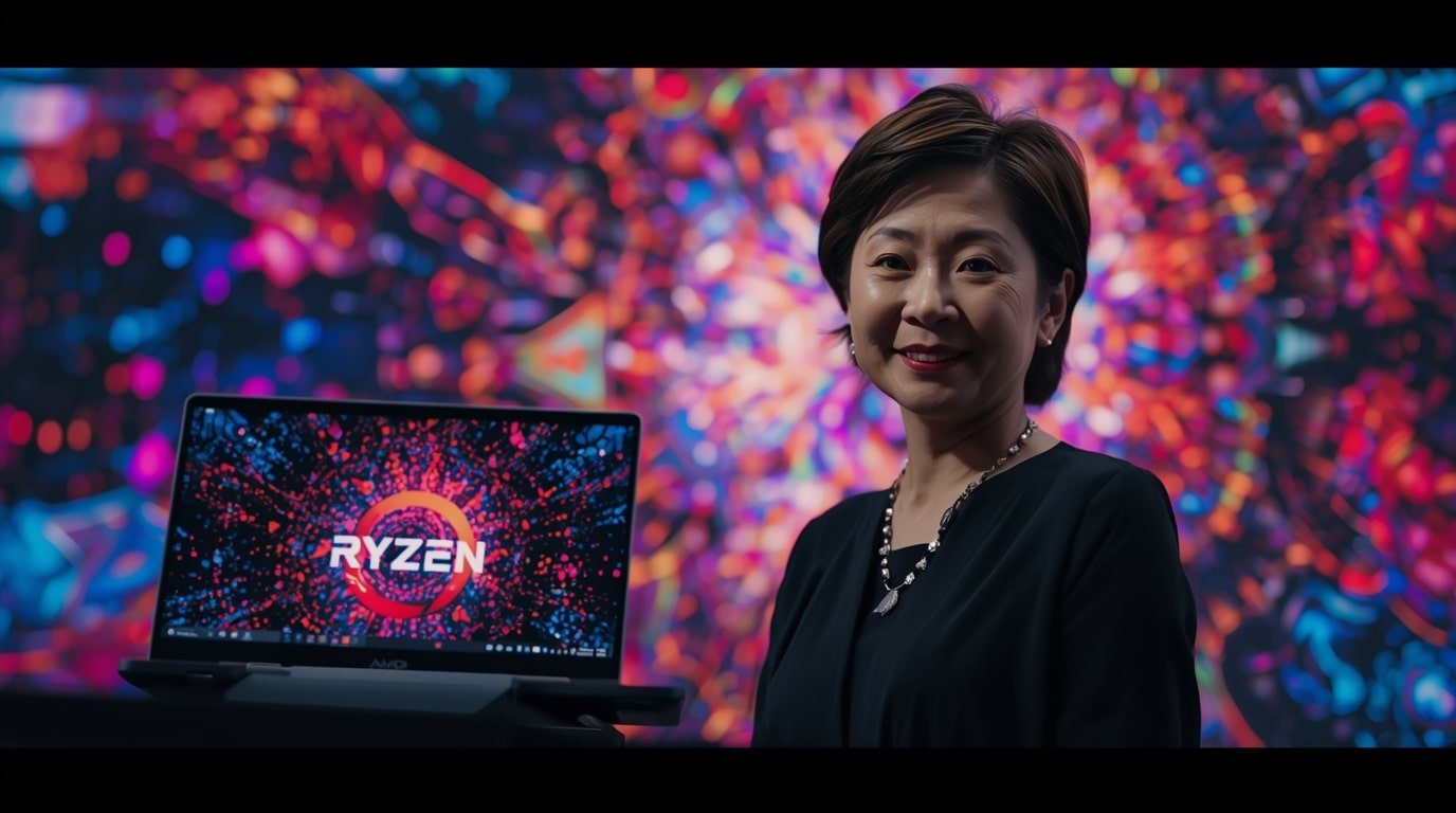 AMD CEO Lisa Su showcases the Ryzen AI 400 chip on a sleek laptop displaying vibrant AI-generated art at Computex 2025's virtual keynote.