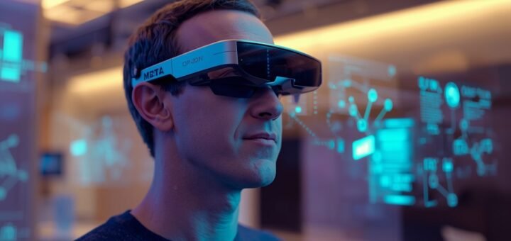 Mark Zuckerberg wearing sleek Meta Orion AR glasses, projecting holographic interfaces in a Palo Alto demo, highlighting the future of augmented reality tech.