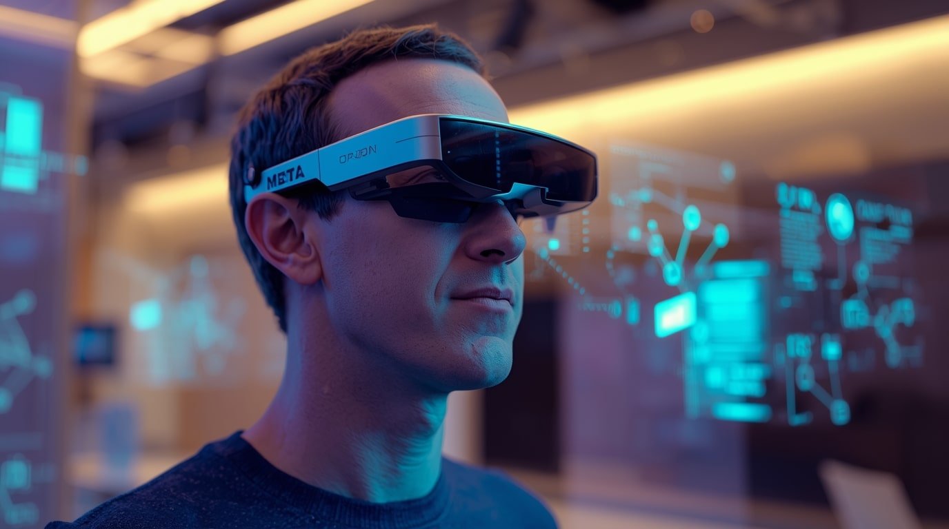 Mark Zuckerberg wearing sleek Meta Orion AR glasses, projecting holographic interfaces in a Palo Alto demo, highlighting the future of augmented reality tech.