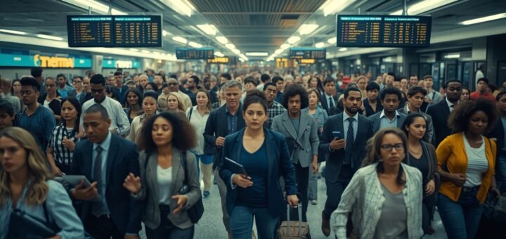 A crowded airport terminal with tech workers rushing to board flights, symbolizing the urgent repatriation due to the new $100,000 H-1B visa fee announced on September 21, 2025.