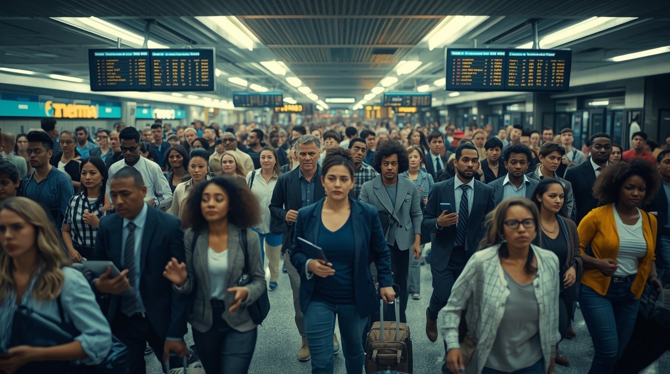 A crowded airport terminal with tech workers rushing to board flights, symbolizing the urgent repatriation due to the new $100,000 H-1B visa fee announced on September 21, 2025.