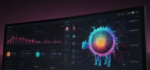 Futuristic digital interface displaying Meta's Llama 4 AI model with vibrant data visualizations and code snippets on a high-tech screen