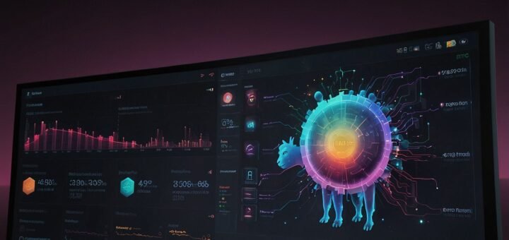 Futuristic digital interface displaying Meta's Llama 4 AI model with vibrant data visualizations and code snippets on a high-tech screen