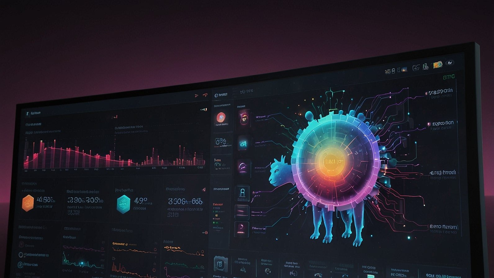 Futuristic digital interface displaying Meta's Llama 4 AI model with vibrant data visualizations and code snippets on a high-tech screen