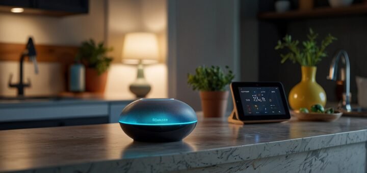Futuristic smart home scene featuring a glowing Google Nest speaker on a modern kitchen counter, surrounded by connected devices like a smart thermostat, camera, and lights, with overlaid AI interface displaying voice commands and energy optimization data, symbolizing the Gemini AI upgrade.