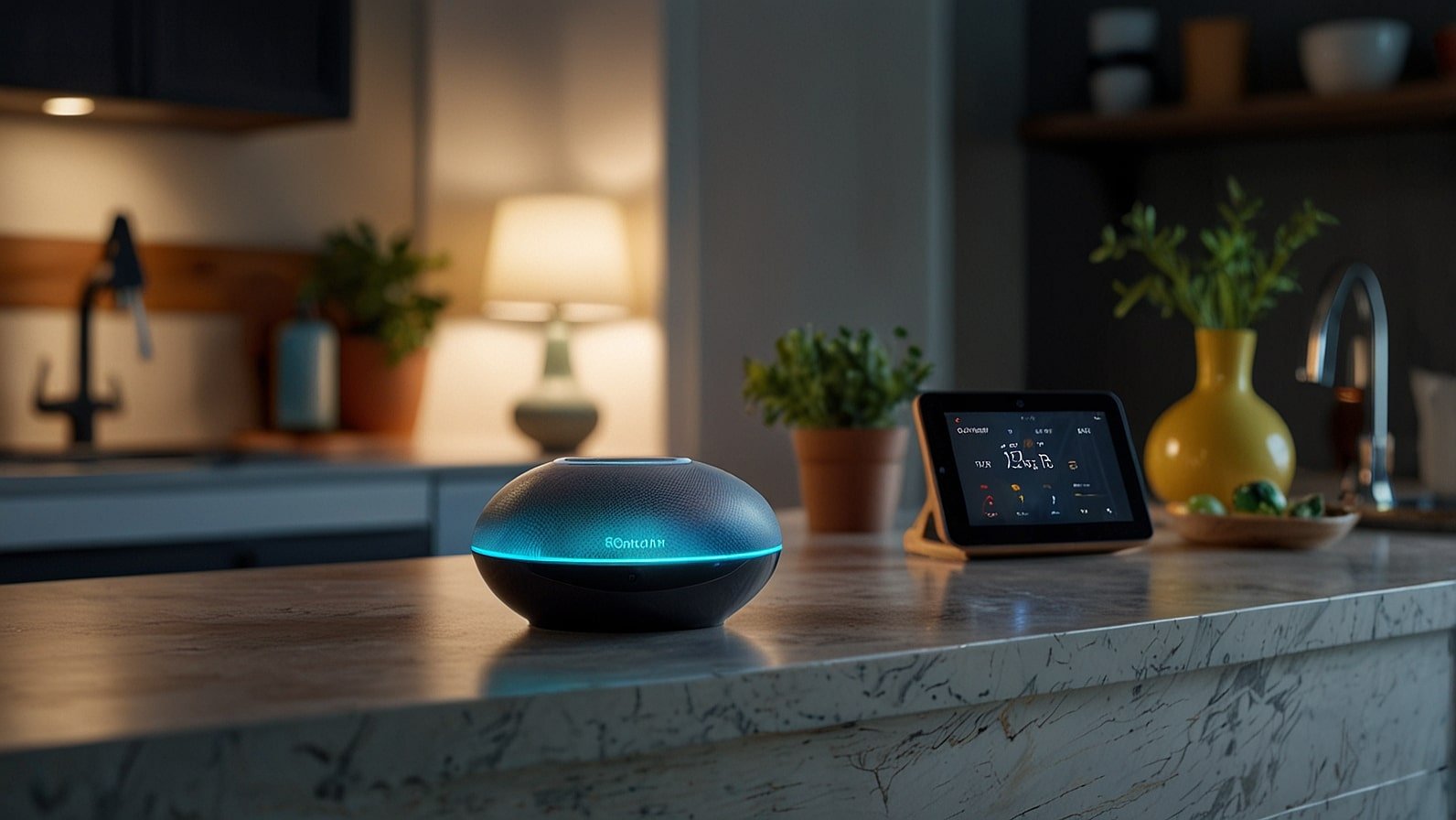 Futuristic smart home scene featuring a glowing Google Nest speaker on a modern kitchen counter, surrounded by connected devices like a smart thermostat, camera, and lights, with overlaid AI interface displaying voice commands and energy optimization data, symbolizing the Gemini AI upgrade.