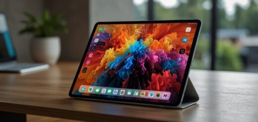 Sleek Apple M5 iPad Pro 2026 in titanium finish displayed on a modern desk with vibrant OLED screen showcasing AI features